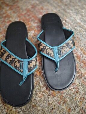 Coach Teal-Trim Monogram Flip Flops Featuring A Rexy Graphic